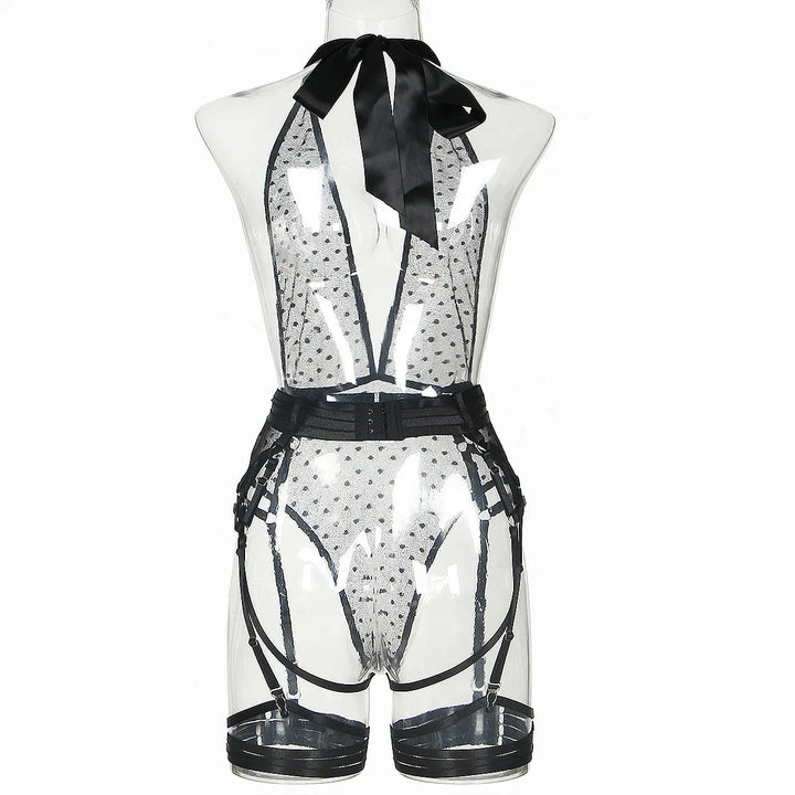 New Fashion polka dot mesh deep V strap neck onesie sexy back five-piece set porno costume sexy women open sexy costume bodysuit