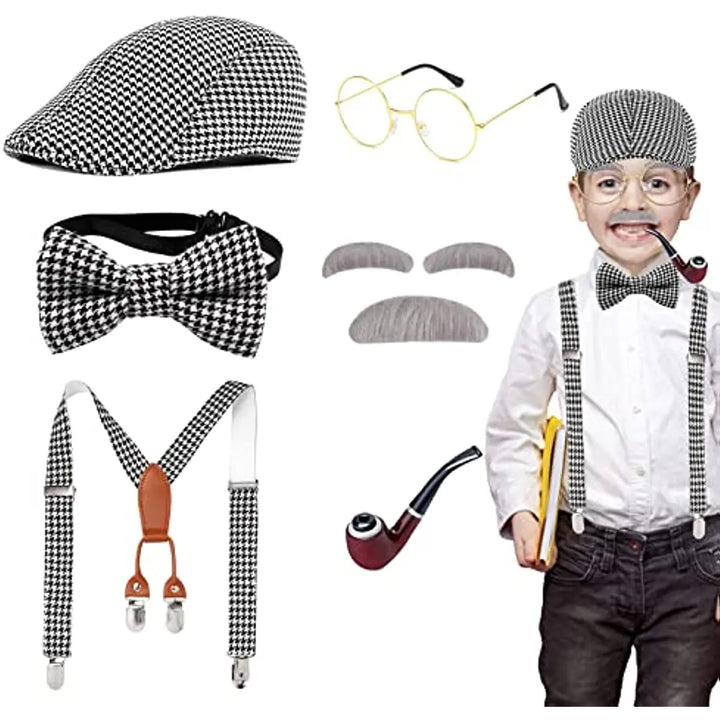 Old Man Costume for Kids100th Day of School Grandpa Costume Accessories Including Beret Hat Suspender Bowtie Beard Gangster