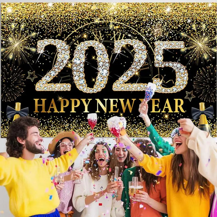 Happy New Year Background Cloth 71 X 43in New Year Home Photo Booth Black Gold Background Elegant New Year Photo Backdrop