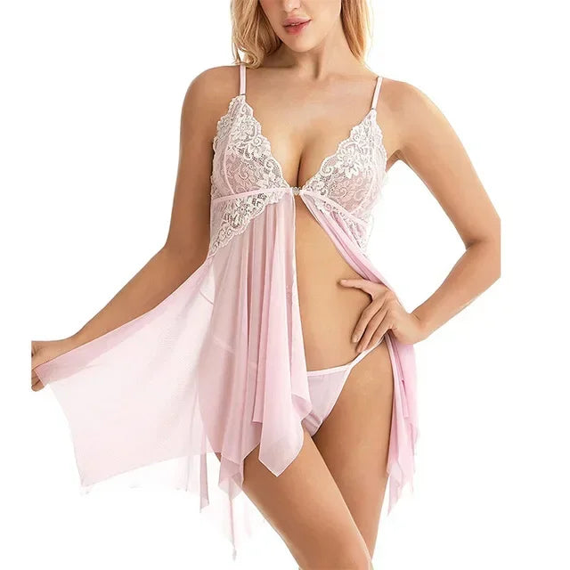 Porno Sleepwear Sex Clothes Plus Size Sexy Ladies Hot Erotic Lingerie Sex Ladies Babydoll Transparent Lace Dress Pajamas + Thong