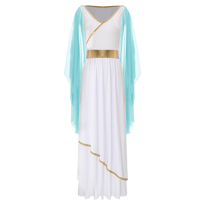 Womens Ancient Greek Toga Goddesses Costumes Party Halloween V Neck Sleeveless Gold Trims Toga Greece Roman Queen Cosplay Dress