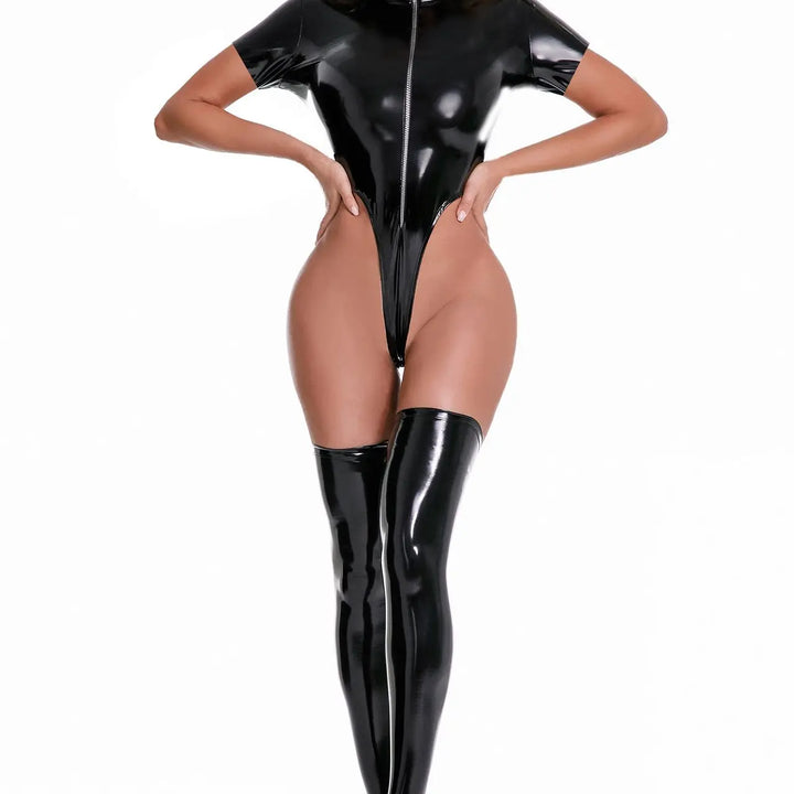 Sexy Nightclub Shiny PU Latex Exotic Mini Dress Bondage Costume PVC Wet Look Leather Erotic Lingerie Jumpsuit