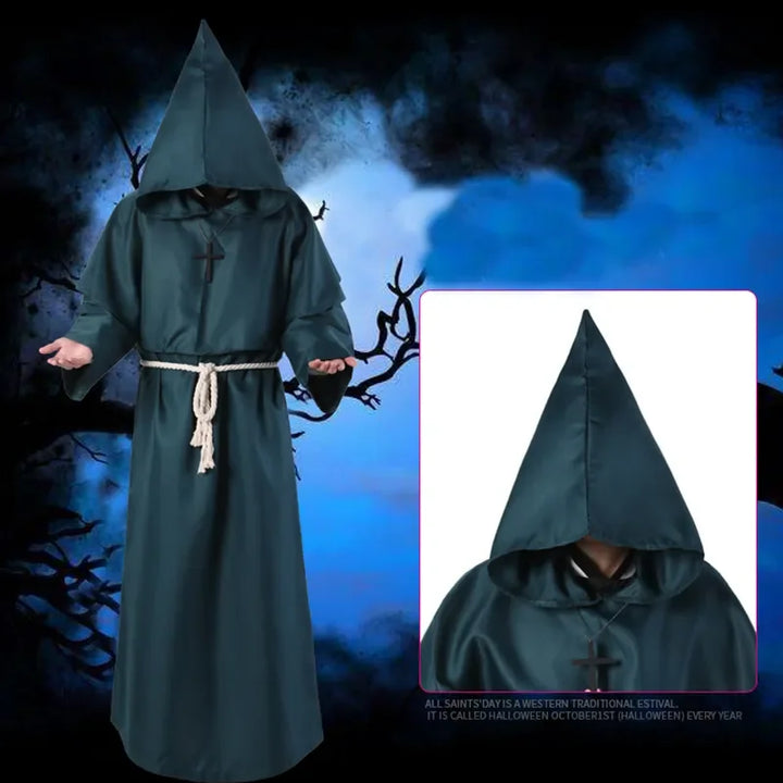 New Wizard Costume Halloween Cosplay Costume Medieval Hooded Robe Monk Friar Robe Priest Costume Ancient Clothing Christian Suit