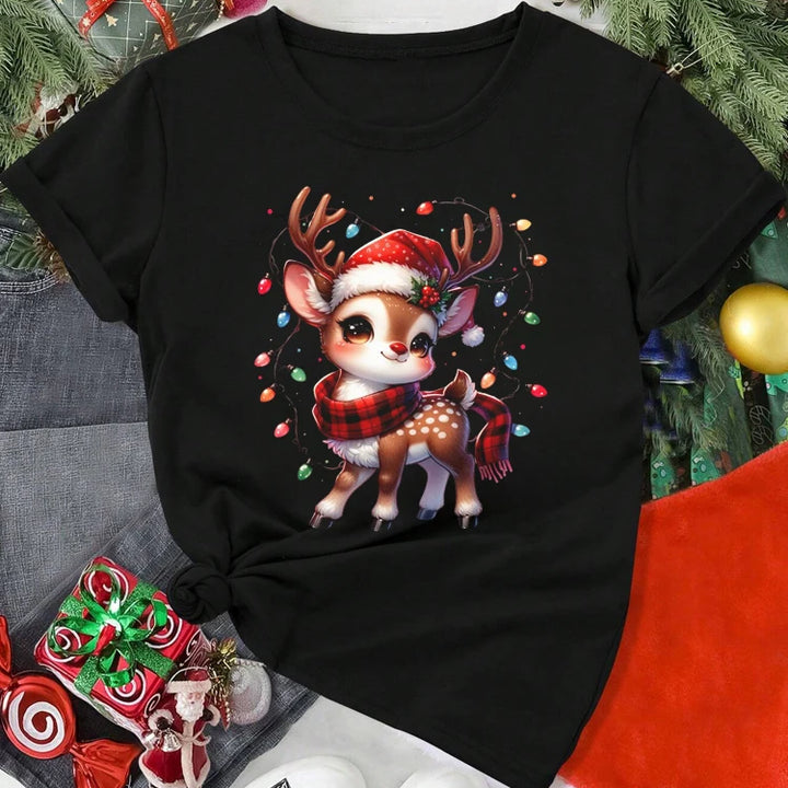 Cute Christmas Elk Printing Women T Shirt Cartoon Casual Short Sleeve O-Neck Women Red Tshirt Ladies Y2k T-shirt Female