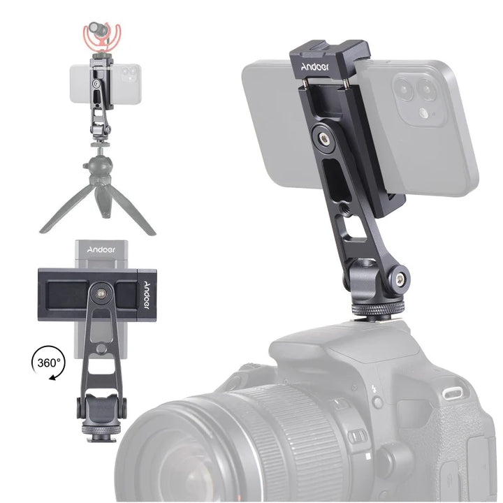 Andoer Phone Holder Clamp Phone Tripod Mount Aluminum Alloy 360° Rotatable with Dual Cold Shoe Mounts for Phone Vlog Selfie Live