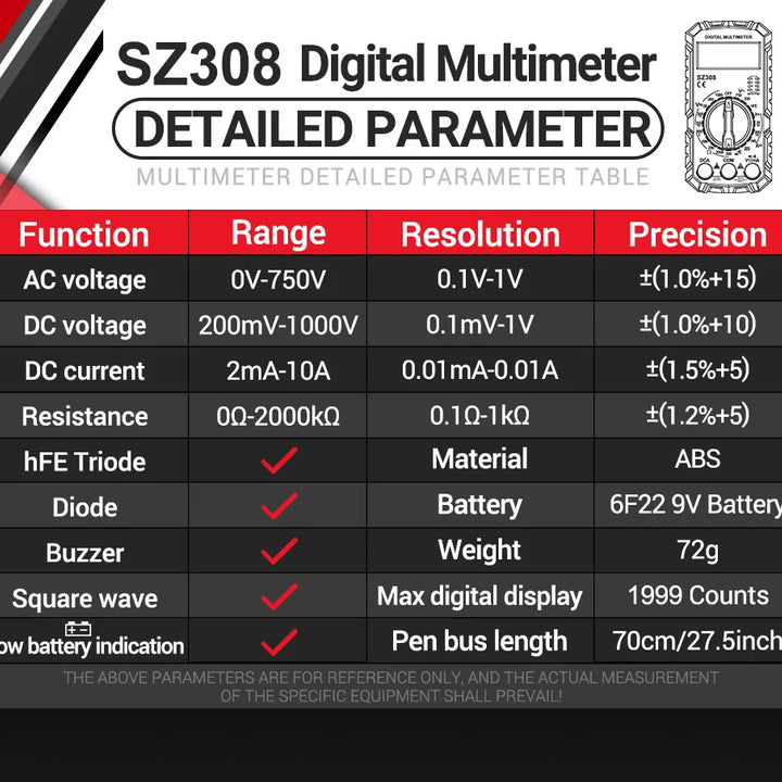 ANENG SZ308 Digital Multimeter Voltage Resistance Meter AC/DC Current Meter Electrician LCD Backlight Ohm Square Wave Test