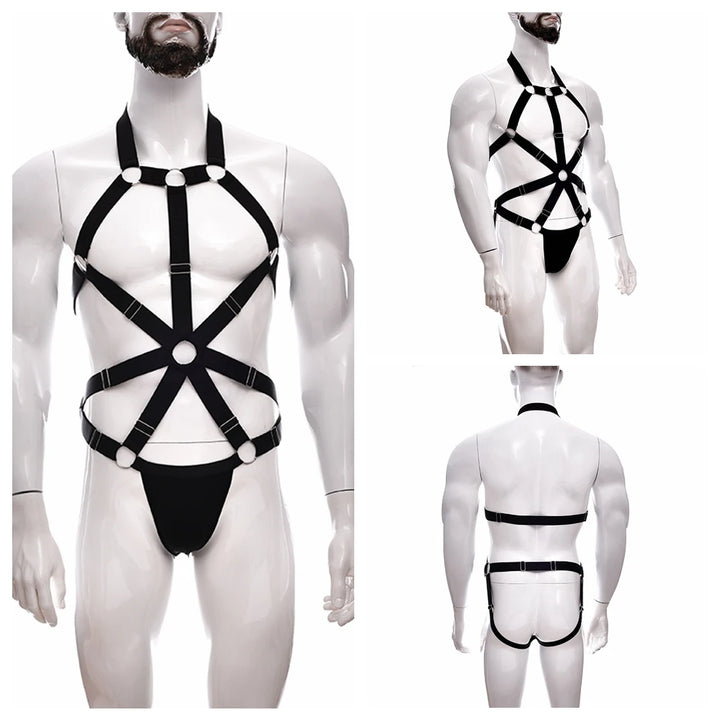 Male Full Body Harness Cage Adjust Set Mens Gay Hollow Elastic Bondage Harness Sexy Lingerie Fetish Nightclub Costume