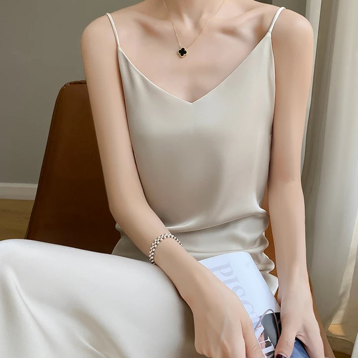 Silk High-Grade Dress New Spring/Summer Sleeveless V-Neck Dress Vest Slip Skirt Silk White With High-Grade Temperament RW D13