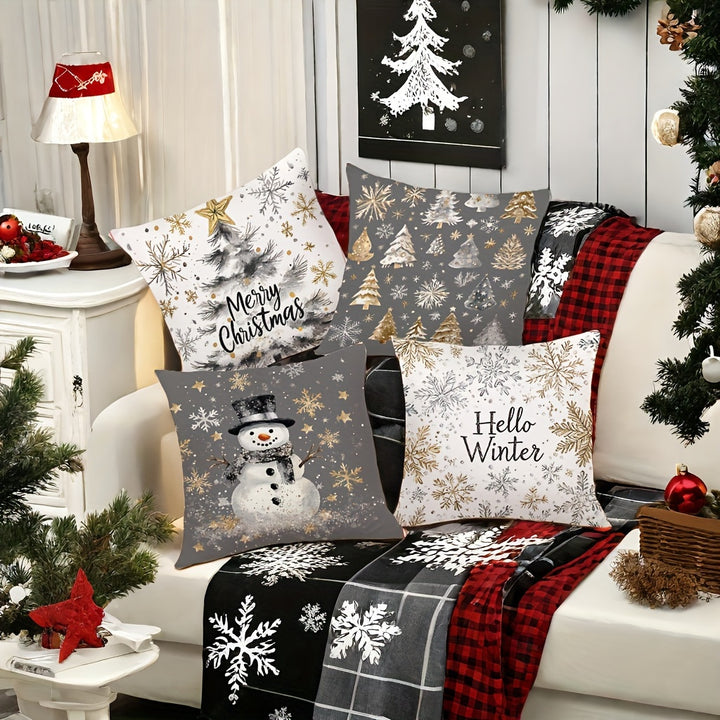 Contemporary 4-Pack Christmas Throw Pillow Covers 44.96cm - Polyester, Zippered, Machine Washable, Festive Golden & Gray Print for Living Room Decor - Snowman, Trees, Winter Designs, Woven Pillowcases (No Pillow Core)