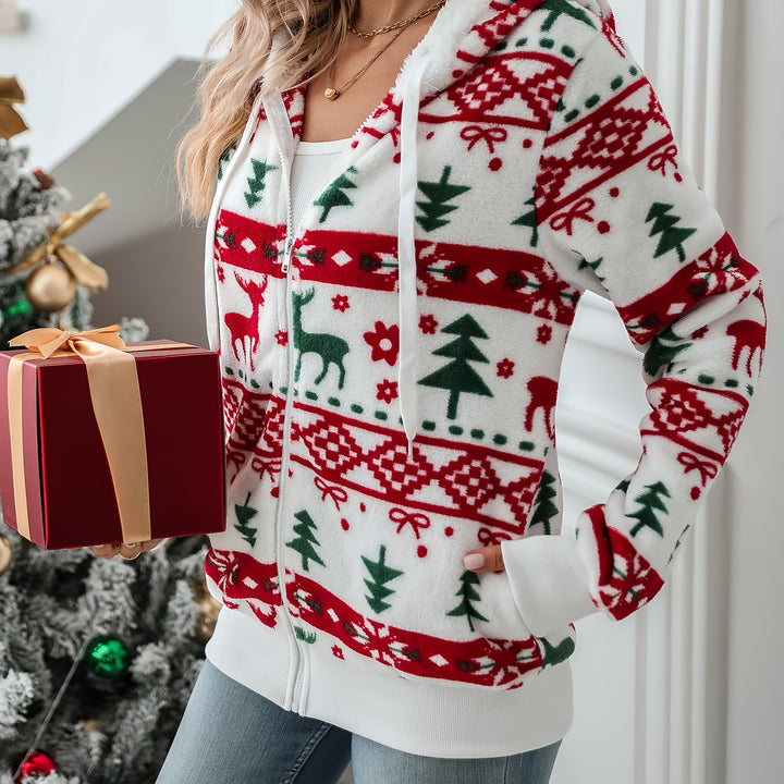 Cozy Christmas-Themed Hooded Jacket for Women - Festive Print, Drawstring, Long Sleeve, Polyester Blend, Machine Washable - Perfect Holiday Gift Idea