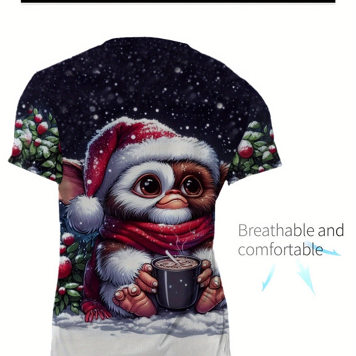 Men'S Casual Christmas Snowman 3D Printed T-Shirt - Geometric Pattern, Round Neck, All-Season Breathable Polyester Blend, Regular Fit, Adult Unisex Short-Sleeved Crewneck Top