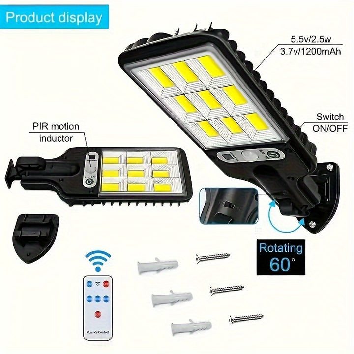 8000W Solar-Powered Outdoor Street Light with Clear LED Reflector, Remote Control & Adjustable Motion Sensor - Includes Installation Hardware