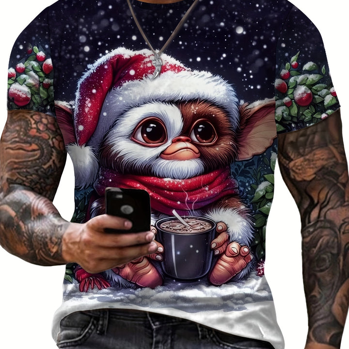 Men'S Casual Christmas Snowman 3D Printed T-Shirt - Geometric Pattern, Round Neck, All-Season Breathable Polyester Blend, Regular Fit, Adult Unisex Short-Sleeved Crewneck Top