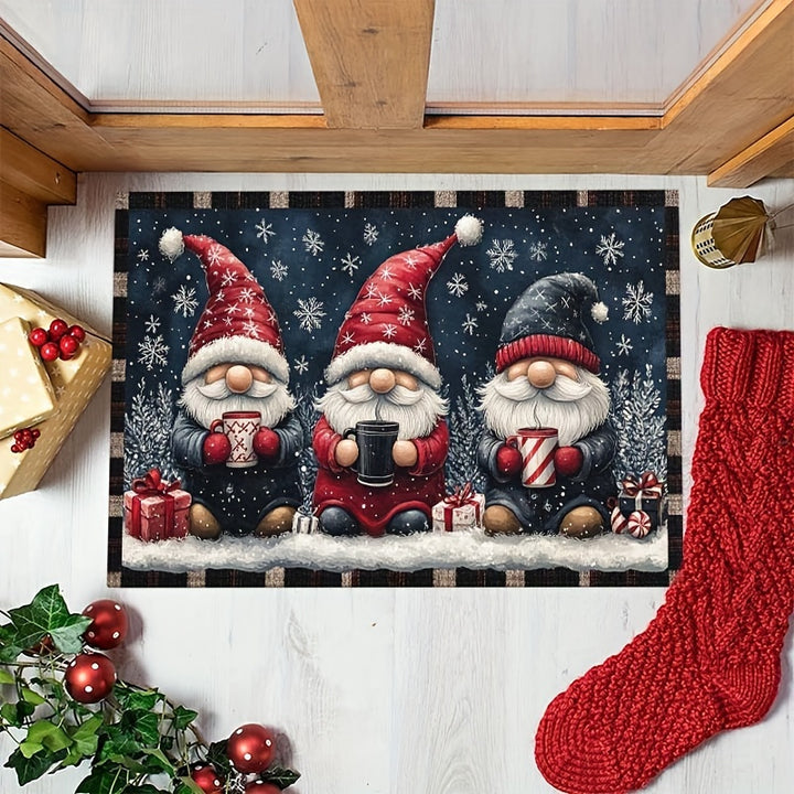 1pc Festive Christmas Gnome Doormat - Non-Slip, Washable Polyester with Rubber Backing, Machine-Made Rectangular Welcome Mat for Home Decor, Lightweight Xmas Floor Mat with Dual Edging, Ideal Christmas Gift