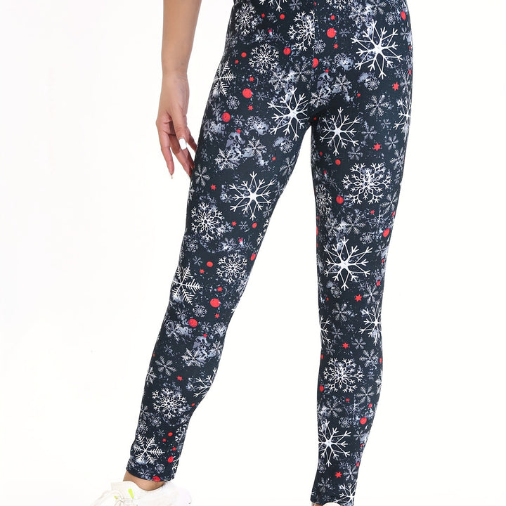 Winter Snowflake Print High-Waist Leggings for Women - 95% Polyester, 5% Spandex, Four-Way Stretch, Cropped Athletic Tights, Elegant Style, Knit Fabric, Seasonal Christmas Pattern, Sports & Fitness Gym Wear