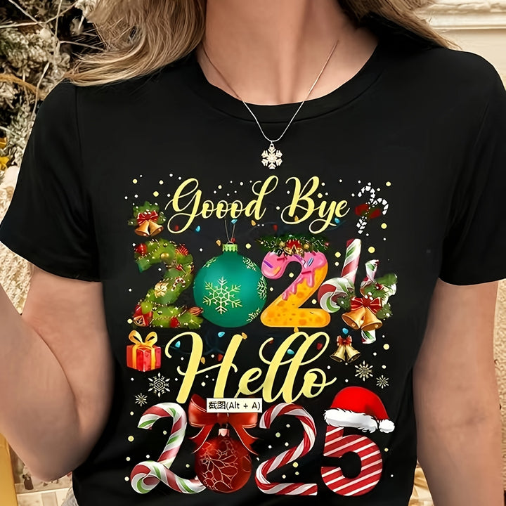 Print T-Shirt Elegant Women's Christmas Graphic Tee - Casual Polyester Blend, Crew Neck, Short Sleeve, Non-See-Through, Machine Washable - Perfect for Spring/Summer/Fall | Festive Holiday Print T-Shirt