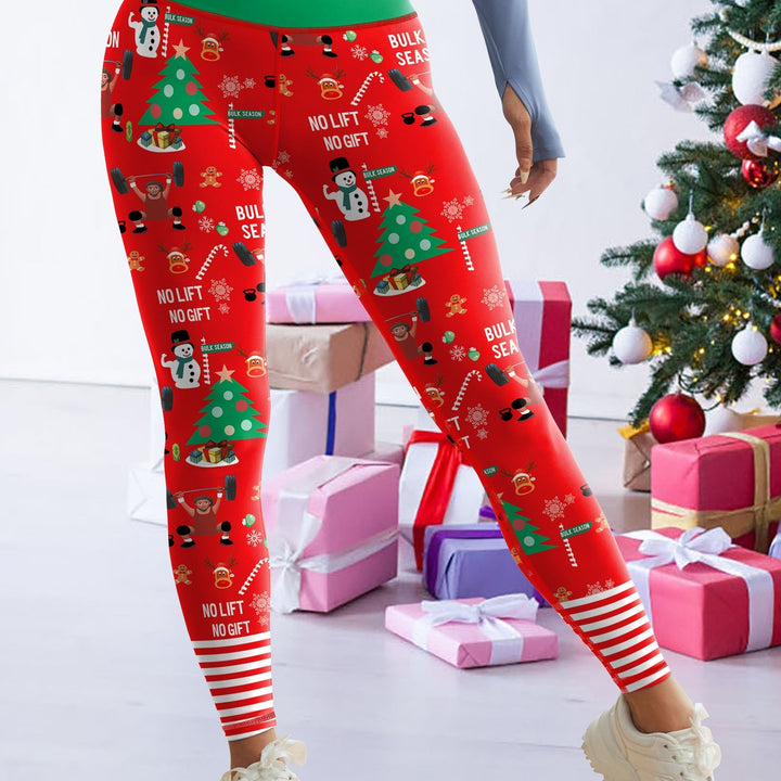 1pc Festive Holiday High-Waisted Christmas Leggings for Women, Stretchy Sports Tights with Santa and Snowflake Pattern, Polyester and Spandex Knit Fabric, Non-Waterproof, All-Season Workout Pants with Waistband