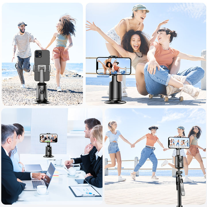 Auto Face Tracking Tripod, No App Required, 360° Rotation Face Body Phone Mount Smart Shooting Phone Tracking Holder for Vlog Live Streaming Video, Rechargeable Battery, Black