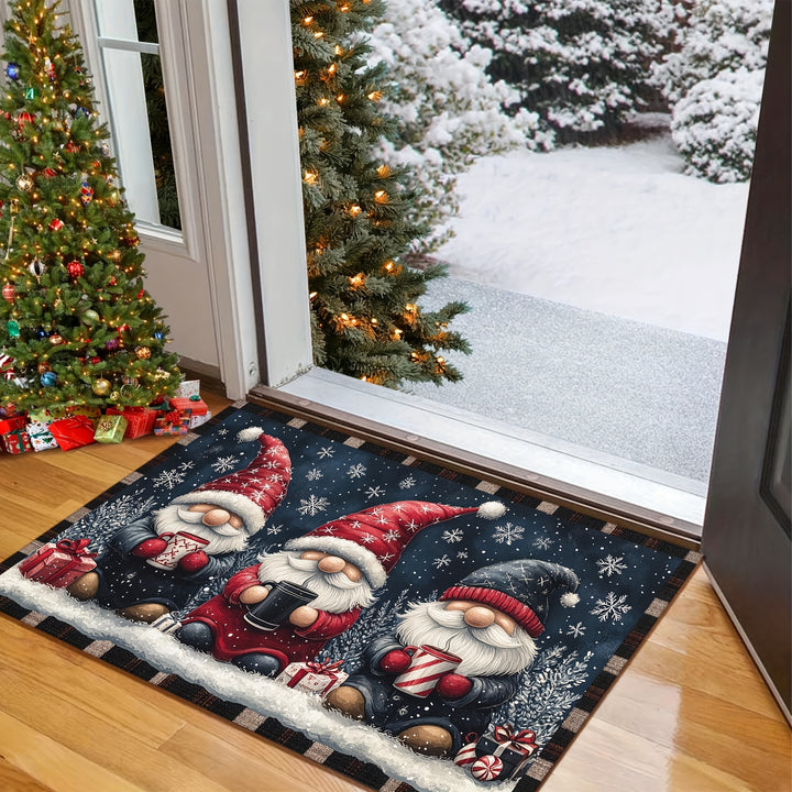 1pc Festive Christmas Gnome Doormat - Non-Slip, Washable Polyester with Rubber Backing, Machine-Made Rectangular Welcome Mat for Home Decor, Lightweight Xmas Floor Mat with Dual Edging, Ideal Christmas Gift