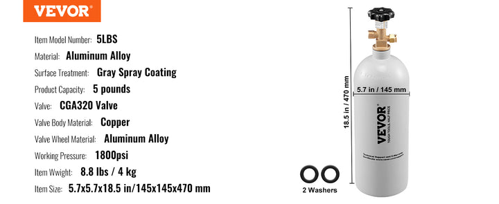 VEVOR 5 Lbs CO2 Tank Aluminum Gas Cylinder Brand New CO2 Cylinder with Gray Spray Coating CO2 Tank with CGA320 Valve