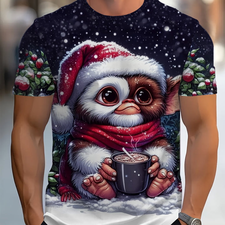 Men'S Casual Christmas Snowman 3D Printed T-Shirt - Geometric Pattern, Round Neck, All-Season Breathable Polyester Blend, Regular Fit, Adult Unisex Short-Sleeved Crewneck Top