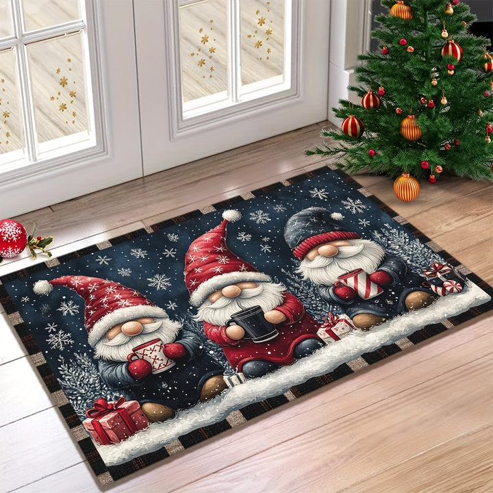 1pc Festive Christmas Gnome Doormat - Non-Slip, Washable Polyester with Rubber Backing, Machine-Made Rectangular Welcome Mat for Home Decor, Lightweight Xmas Floor Mat with Dual Edging, Ideal Christmas Gift