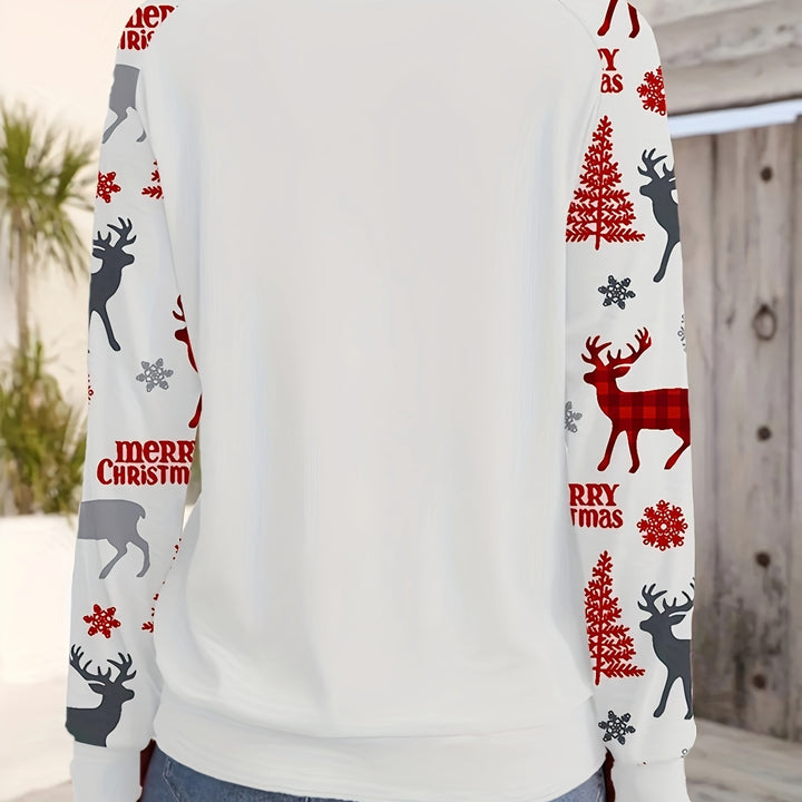 Merry Christmas Reindeer Print Casual Crew Neck Sweatshirt - 100% Polyester, Raglan Long Sleeve, Knit Fabric, Slight Stretch, Regular Fit Pullover for Spring/Fall