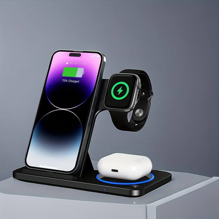 3-in-1 Foldable Wireless Charger Station, USB Magnetic Charging Stand Dock for iPhone 15/14/13/12/11 Series, iWatch Ultra2/Ultra/9/8/7/6 Series, and Earbuds 3/2/Pro Series - Fast Wireless Charging Hub