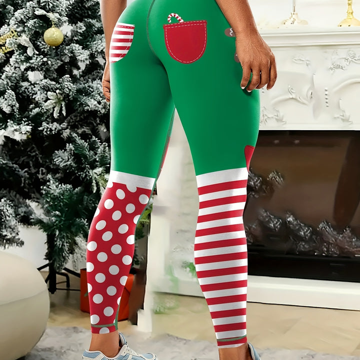 1pc Festive Holiday High-Waisted Christmas Leggings for Women, Stretchy Sports Tights with Santa and Snowflake Pattern, Polyester and Spandex Knit Fabric, Non-Waterproof, All-Season Workout Pants with Waistband