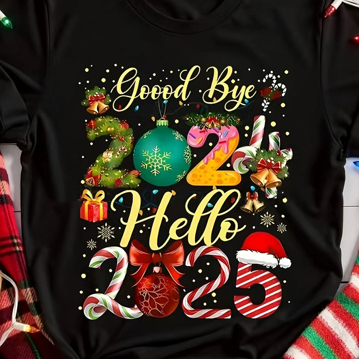 Print T-Shirt Elegant Women's Christmas Graphic Tee - Casual Polyester Blend, Crew Neck, Short Sleeve, Non-See-Through, Machine Washable - Perfect for Spring/Summer/Fall | Festive Holiday Print T-Shirt