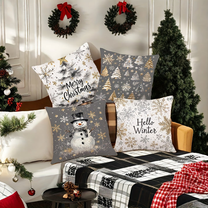 Contemporary 4-Pack Christmas Throw Pillow Covers 44.96cm - Polyester, Zippered, Machine Washable, Festive Golden & Gray Print for Living Room Decor - Snowman, Trees, Winter Designs, Woven Pillowcases (No Pillow Core)