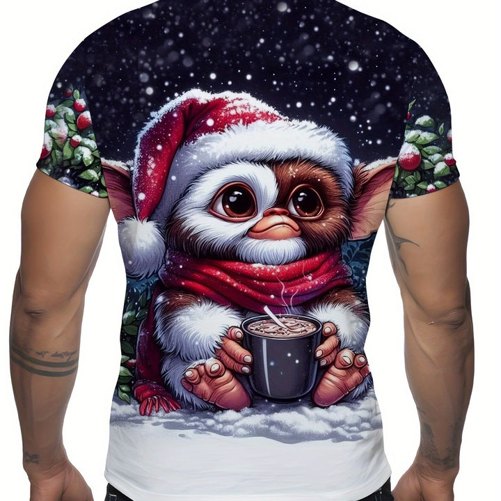 Men'S Casual Christmas Snowman 3D Printed T-Shirt - Geometric Pattern, Round Neck, All-Season Breathable Polyester Blend, Regular Fit, Adult Unisex Short-Sleeved Crewneck Top