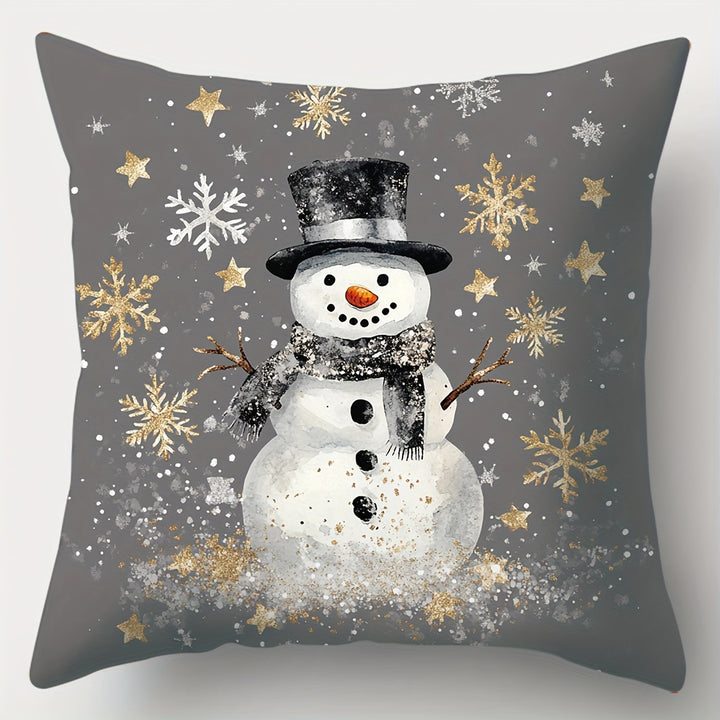 Contemporary 4-Pack Christmas Throw Pillow Covers 44.96cm - Polyester, Zippered, Machine Washable, Festive Golden & Gray Print for Living Room Decor - Snowman, Trees, Winter Designs, Woven Pillowcases (No Pillow Core)