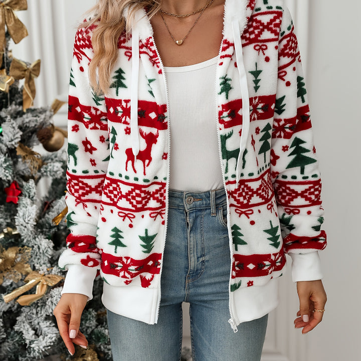 Cozy Christmas-Themed Hooded Jacket for Women - Festive Print, Drawstring, Long Sleeve, Polyester Blend, Machine Washable - Perfect Holiday Gift Idea