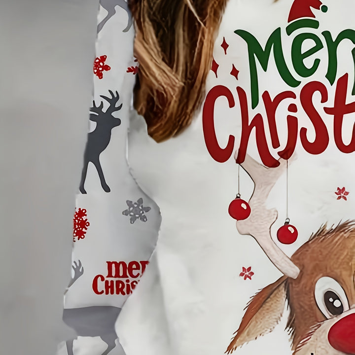 Merry Christmas Reindeer Print Casual Crew Neck Sweatshirt - 100% Polyester, Raglan Long Sleeve, Knit Fabric, Slight Stretch, Regular Fit Pullover for Spring/Fall