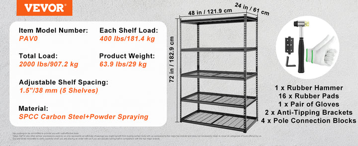 VEVOR 5-Tier Adjustable 2000 lbs Storage Shelving Unit Heavy Duty Garage Shelves Organizer Wire Rack for Kitchen Pantry Basement