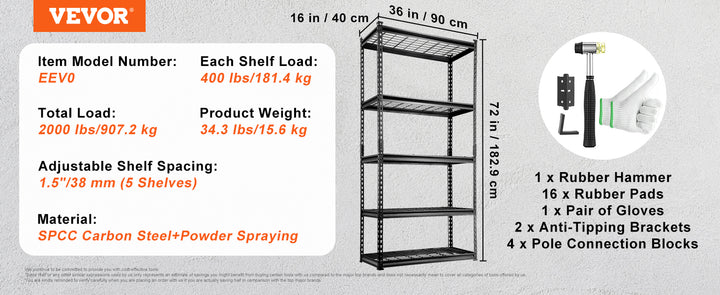 VEVOR 5-Tier Adjustable 2000 lbs Storage Shelving Unit Heavy Duty Garage Shelves Organizer Wire Rack for Kitchen Pantry Basement