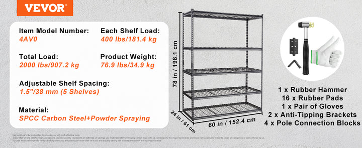 VEVOR 5-Tier Adjustable 2000 lbs Storage Shelving Unit Heavy Duty Garage Shelves Organizer Wire Rack for Kitchen Pantry Basement