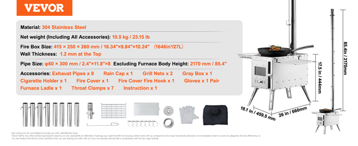 VEVOR Wood Stove 86 in Stainless Steel Camping Tent StovePortable Wood Burning Stove with Chimney Pipes & Gloves3000in³Firebox