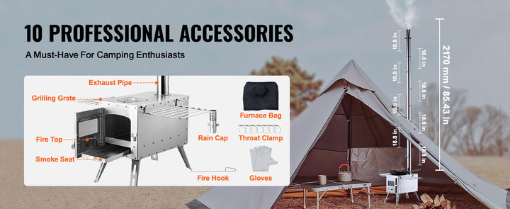 VEVOR Wood Stove 86 in Stainless Steel Camping Tent StovePortable Wood Burning Stove with Chimney Pipes & Gloves3000in³Firebox